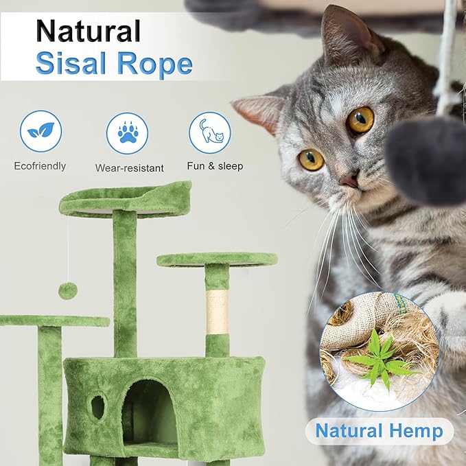 FDW Cat Tree 70in Cat Tower Multi-Level Durable Cat Scratching Post & Cozy Fun Cat Jumping Platform Space Saving Cat Condo Pet Play House for Indoor Cats,Green-PawvioPets