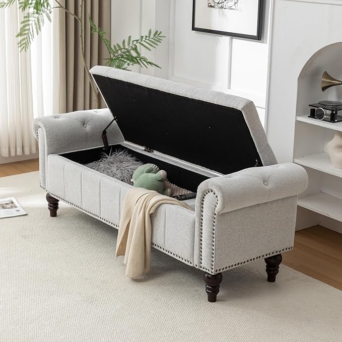 58’’ Storage Bench for Bedroom, Upholstered Button-Tufted Ottoman with Solid Wood Legs, Queen Size End of Bed Shoe Cabinet, Window Seat Foot Rest Stool for Entryway, Living Room (Silver)-PawvioPets