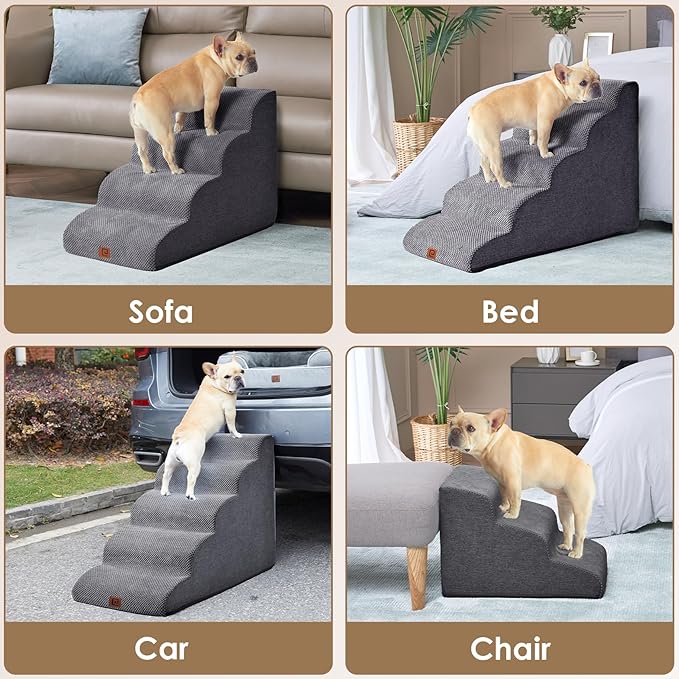 EHEYCIGA Curved Dog Stairs Ramp for High Beds 22.6" H, 5-Step Dog Steps for Small Dogs and Cats, Pet Stairs for High Bed Climbing, Non-Slip Balanced Pet Step Indoor, Grey-PawvioPets