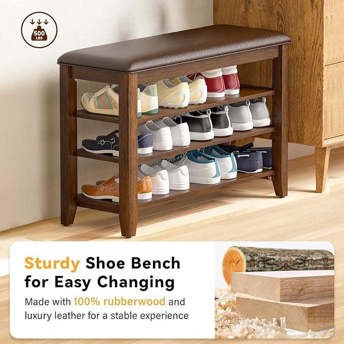 Entryway Shoe Storage Bench with Leather Cushion, Shoe Organizer Bench for Entryway, Ideal for Hallways Front Doors Entrances Mudrooms Featuring Rubberwood And 3 Height-Adjustable and Removable Shelve-PawvioPets