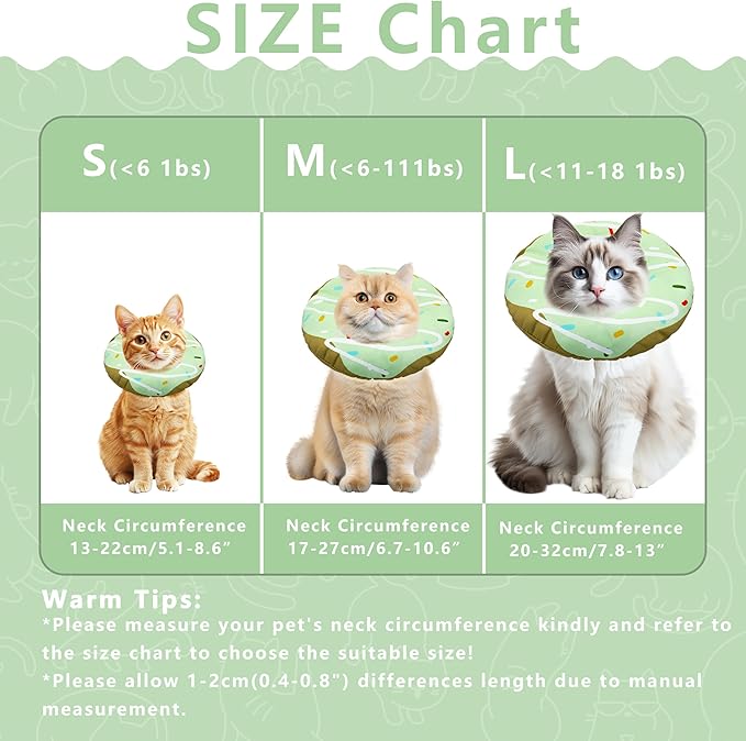 Cat Cone Collar Soft, Adjustable Cat Recovery Collar Kitten Cones to Stop Licking, Cute Donut E Collar After Surgery, Cats Neck Pillow Cone Elizabethan Cones of Shame (Waterproof Green, Large)-PawvioPets