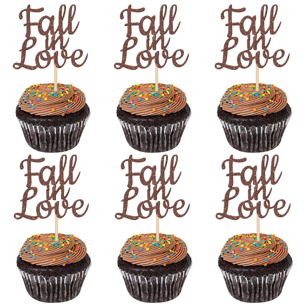 24 PCS Fall in Love Cupcake Toppers Glitter Fall Theme Party Cupcake Picks Bridal Shower Cupcake Decorations for Autumn Wedding Engagement Anniversary Birthday Party Cake Decorations Supplies Brown
