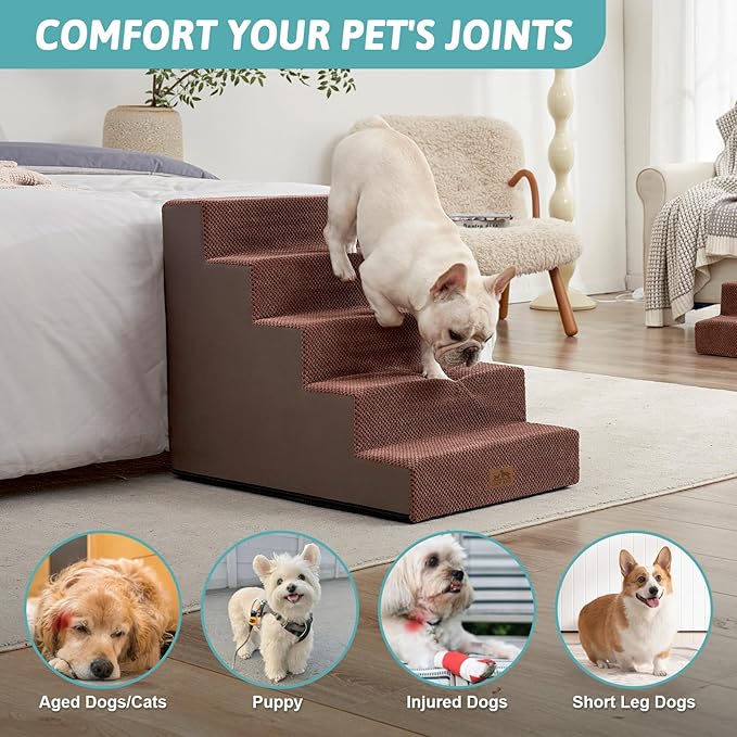 Dog Stairs for Small Dogs, 5 Tier Wider Pet Stairs for High Beds, 23.6" H Non-Slip Dog Steps for Old Cats, Puppies, Small Medium Dogs, 29.5x19.7x23.6 inch, Brown-PawvioPets