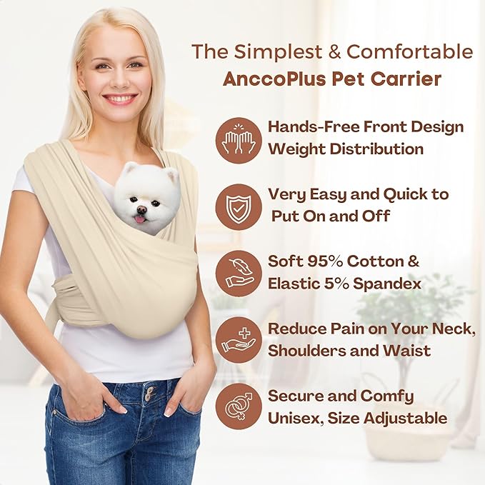 Dog Carriers for Small Dogs, Front Facing Dog Sling Carrier, Hands Free Cat Carrier, Size Adjustable, Reducing Back Pain, Premium Cotton, Safe and Soft Dog Carrier (Plus, Beige)-PawvioPets