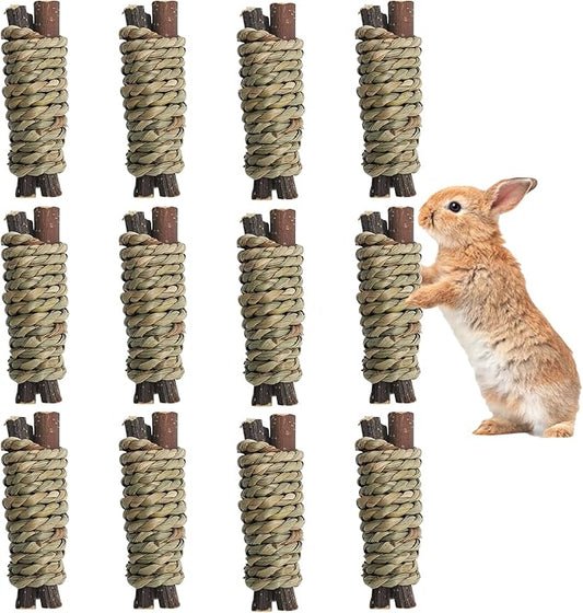 Fhiny 12 PCS Guinea Pigs Chew Toys, Natural Apple Branch Seagrass Molar Sticks for Teeth Bunny Chew Toys Cage Accessories for Guinea Pigs Rabbit Bunny Hamster Chinchilla-PawvioPets