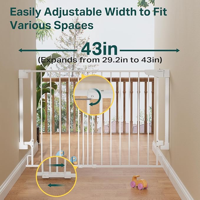 Cumbor 29.2-43" No Bottom Bar Baby Gate for Stairs, 2-in-1 Hardware Mounted Dog Gate Indoor, Auto Close Pet Gate for Doorways with Large Walk Thru Door, Wide Child-Proof Safety Gates for Kids (White)-PawvioPets