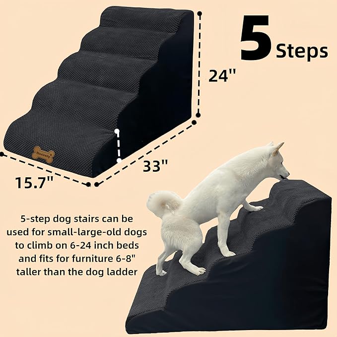 Dog Stairs & Pet Ramp for Small/Large Dogs to High Beds/Couches - 5 Steps 24-inch Height for 18-30 inch Furniture, 2 Washable Covers (Black, Grey), Non-Slip Balanced 33D Design for Old Dogs & Cats-PawvioPets