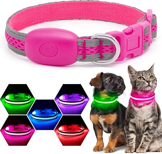 Flashseen LED Cat Collar,Light Up Dog Collar Rechargeable, Dog Lights for Night Walking, Comfortable Soft Mesh Pet Collar Adjustable for Cats Puppy and Small Dogs(Pink, XS)-PawvioPets