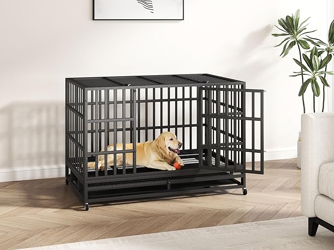 48 Inch Heavy Duty Indestructible Dog Crate Steel Escape Proof, High Anxiety Cage, Kennel with Wheels, Removable Tray, Extra Large XL XXL-PawvioPets