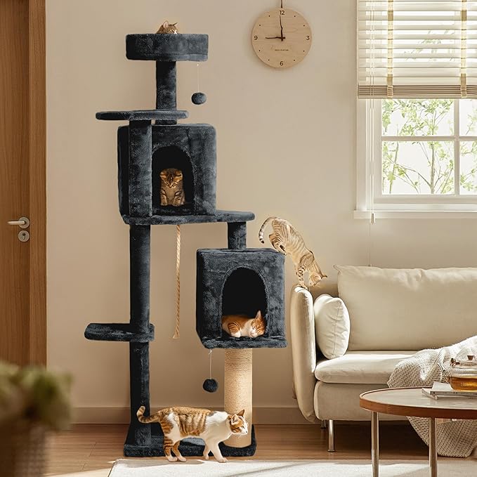 59in Large Cat Tree Tower for Indoor Cats with Soft Plush Hang Ball, Two Condos, Sisal Scratch Posts & Rope Play for Kittens/Adult Cats, New Dark Grey-PawvioPets