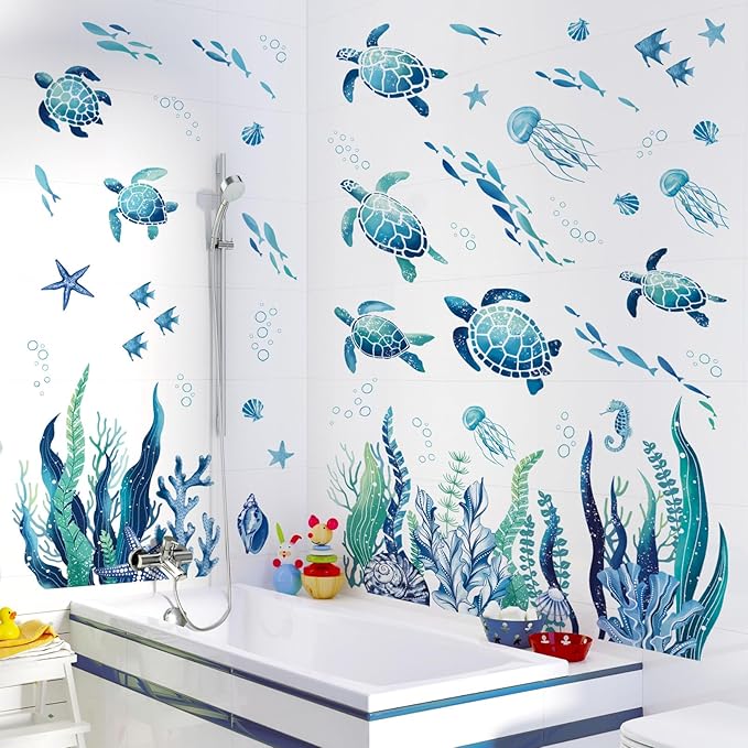 decalmile Under The Sea Seaweed Wall Decals Sea Turtle Ocean Grass Jellyfish Wall Stickers Baby Nursery Bedroom Bathroom Wall Decor-PawvioPets