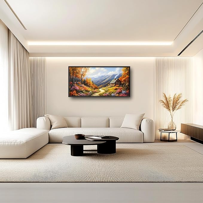 Framed Large Autumn Mountain Wall Art for Living Room, Oversized Wildflower Tree Wall Decor Nature Landscape Canvas Painting Modern Artwork Home Decoration for Living Room Bedroom 60"x30"-PawvioPets