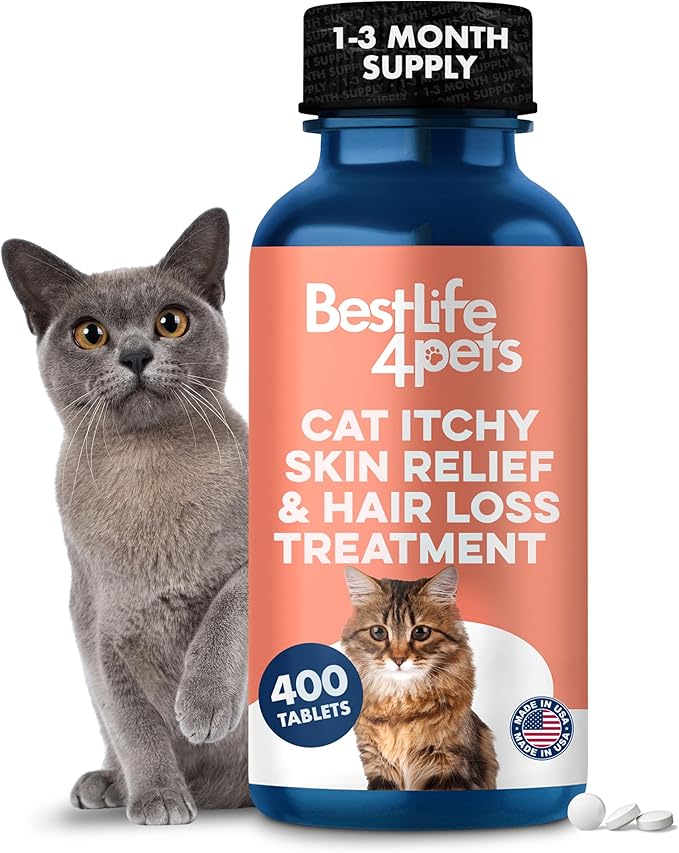Cat Itchy Skin Relief & Hair Loss Treatment, Holistic Allergy Relief for Cats Calms Dry Skin, Dandruff & Reduces Licking, Scratching, Patchy, Matted and Shedding Fur, 400 Easy to Use Pills-PawvioPets