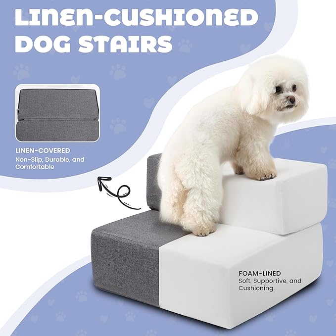 Foldable 18 Inch Wide 3 Step Wide Dog Stairs for Large Dogs, 18 Inch Height Foam Dog Steps for Bed & Couch, Linen Covered Pet Stairs for Dogs to Get on Bed, Outdoor Foam Pet Steps for for Cars & SUV-PawvioPets