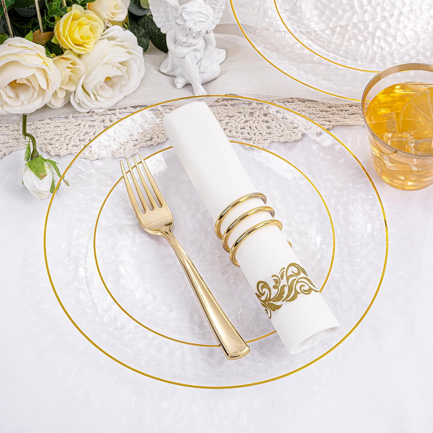 Rubtlamp 175 Pcs Plastic Dinnerware Set (25 Guests), Clear And Gold Plastic Plates, Hammered Party Plates Include Dinner Platos, Dessert Platos, Cups, Gold Cutlery Set And Napkins for Party