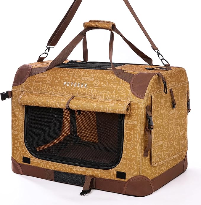 Extra Large Cat Carrier Soft Sided, Portable Small Dog Carrier for 2 Cats, 24"x16.5"x16" Car Travel Folding Comfortable Design, Yellow-PawvioPets