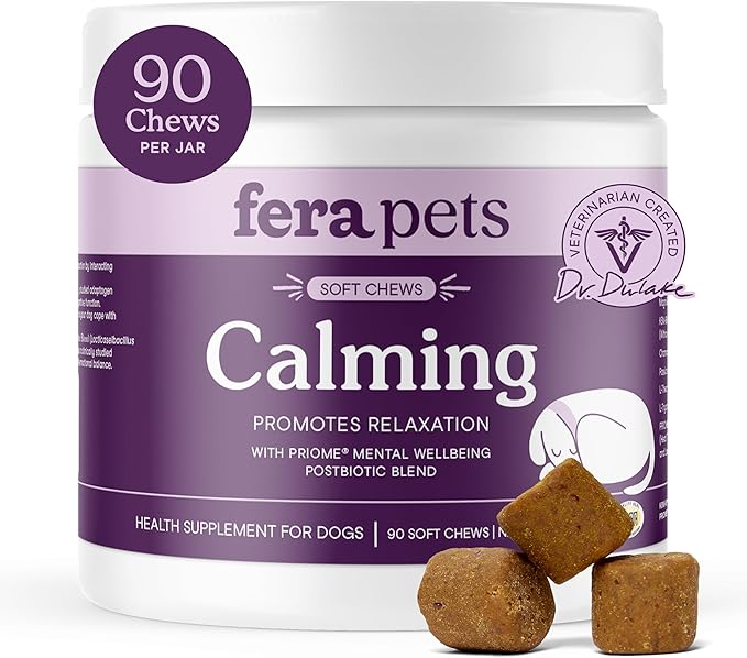 Fera Pets Dog Calming Chews with Ashwagandha & Priome® Mental Wellbeing Postbiotic Blend - Supports Anxiety Relief - Promotes Relaxation - 90 Soft Chews-PawvioPets