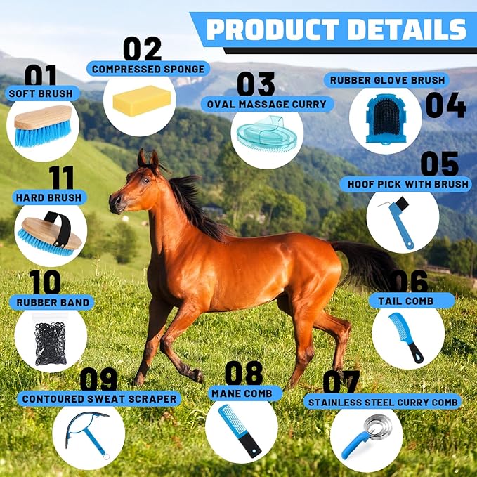 Abbylike 12 Pieces Horse Grooming Kit Racing Festival Tack Room Supplies Horse Brush Sets Equine Care Cleaning Kit Shedding Grooming Massaging Tools(Blue)-PawvioPets