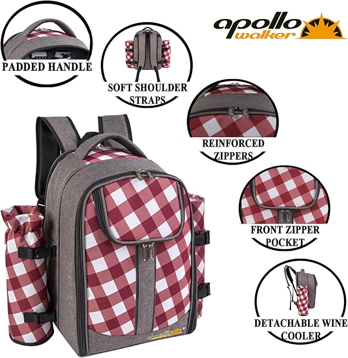 apollo walker Picnic Backpack Bag with Cooler Compartment, Detachable Bottle/Wine Holder, Fleece Blanket, Plates and Cutlery Set (2 Person, Gray)-PawvioPets