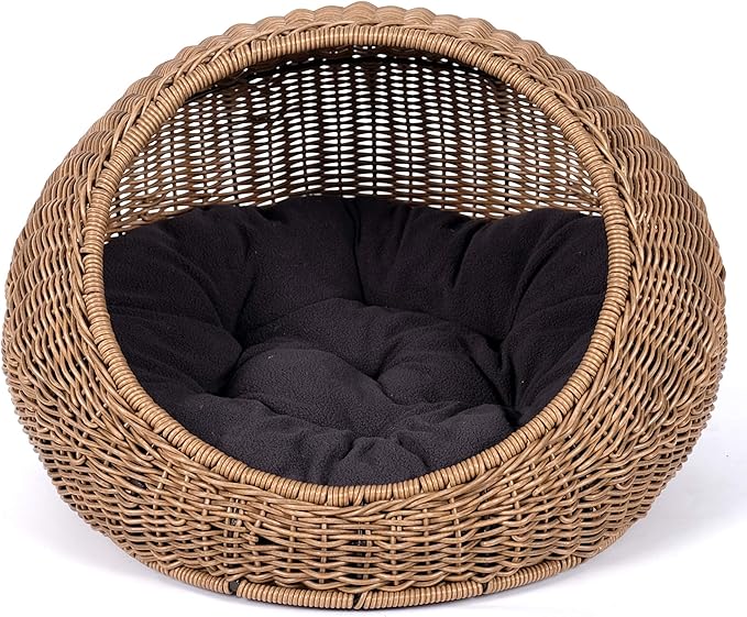 D+GARDEN Wicker Cat Bed Dome for Medium Indoor Cats - a Covered Cat Hideaway Hut of Faux Rattan Houses Pets in Dome Basket, Washable-PawvioPets