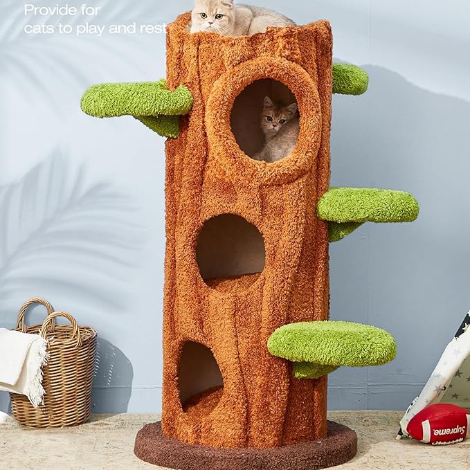 47.2'' Natural Wooden Cat Tree, Modern Cat Condo for Indoor Kitten, Multi-Level Cat Tower with Cat Perch and Scratching Pad for Multi-Cat Families-PawvioPets
