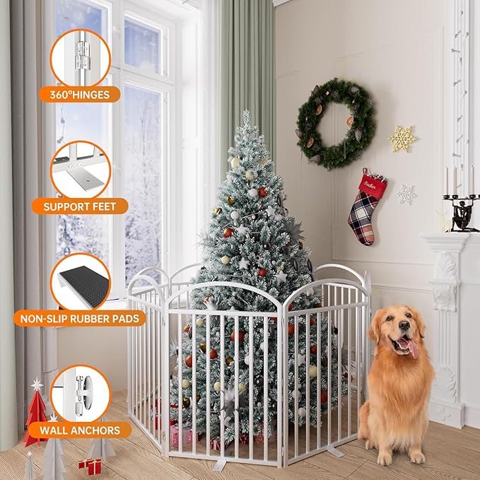 8 Panles Full Matel Freestanding Dog Gates with Door, 192"Extra Wide 32"Tall Free Standing Dog Pet Gate for Indoor & Outdoor. Foldable Pet Fences for Doorways, House, Stairs, Porch, Deck, Yard-PawvioPets