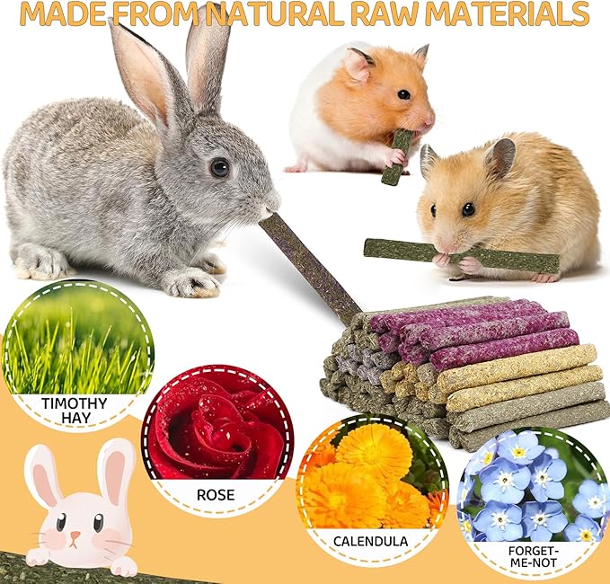 52Pcs Rabbit Chew Sticks, Guinea Pig Toys, Natural Timothy Grass Molar Teeth Stick, Mixing Flowers, Roses, Calendula and Forget Me Not, Small Animals Treats-PawvioPets