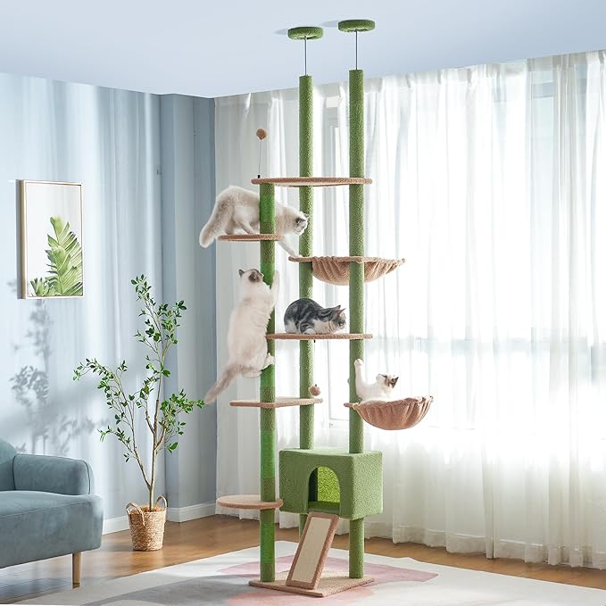 Floor to Ceiling Cat Tree Tall Cat Tower with Adjustable Height (81.8-108 Inches) with Fully Scratching Post Private Condo and Hammock for Indoor Cats (Green, Triple Dule Posts)-PawvioPets