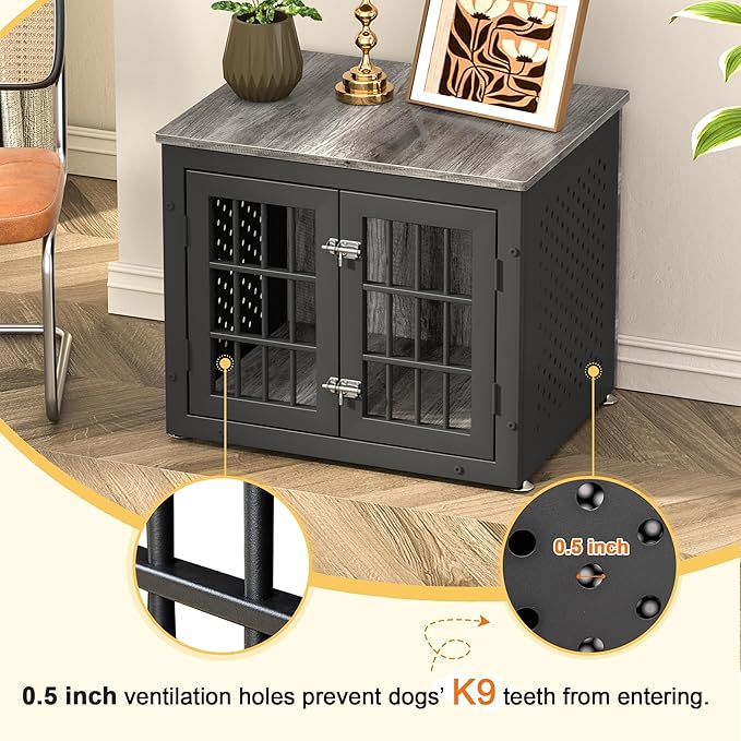 26" Heavy Duty Dog Crate Furniture for Small Dogs, Metal Kennel for High Anxiety Dogs, Chew Proof Pet Cage Indoor, Decorative Dog Kennel End Table-PawvioPets