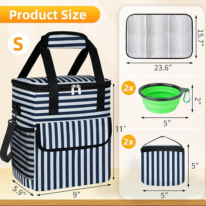 Dog Travel Bag for Camping - Pet Travel Accessories with 2 Collapsible Bowls, 2 Food Containers & Waterproof Feeding Mat - Portable Dog Carrier, Stripe (Small)-PawvioPets