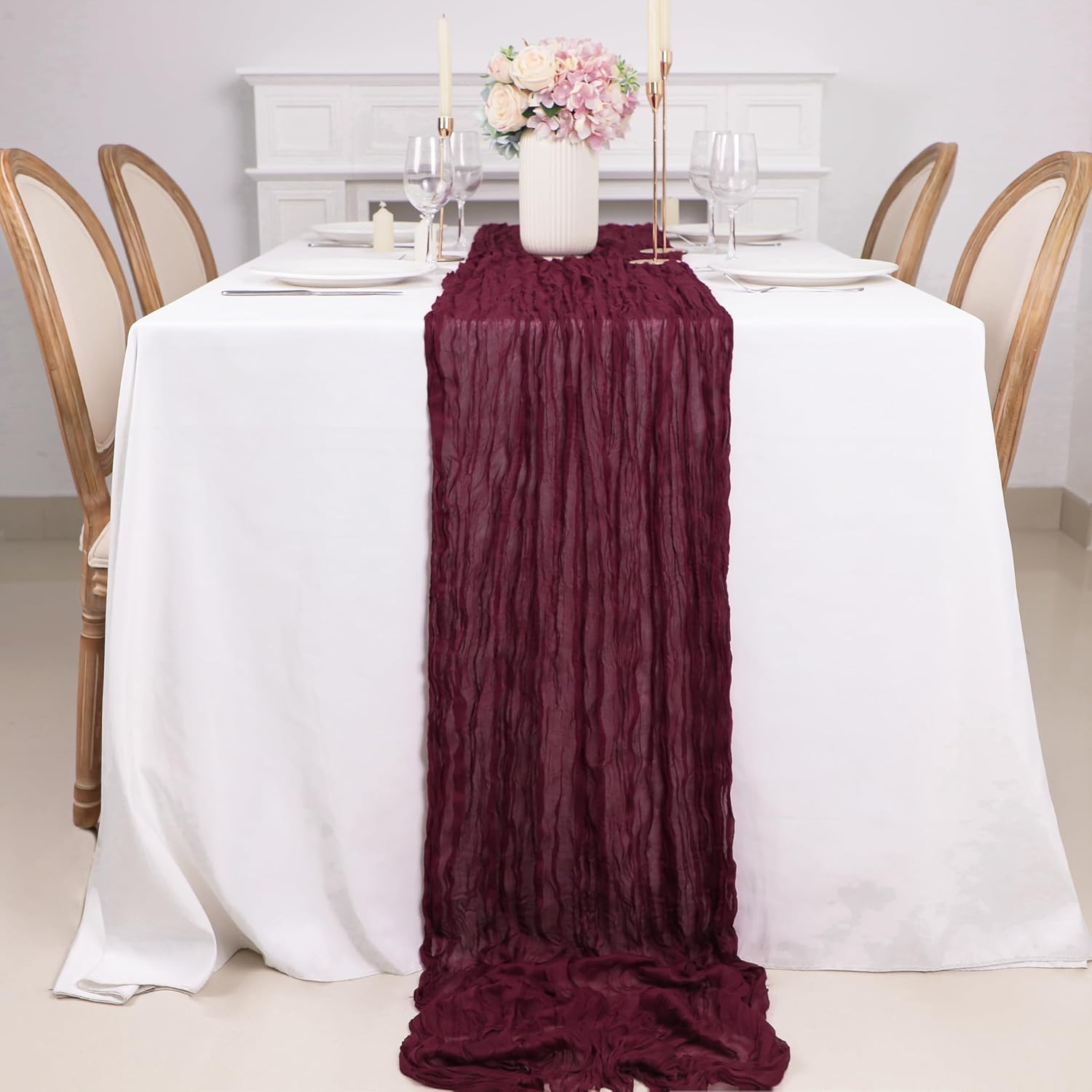 Snowkingdom 10 Ft Burgundy Red Fall Thanksgiving Cheesecloth Table Runner, Cheese Cloth Boho Rustic Gauze Runner for Wedding Bridal Baby Shower Birthday Christmas Sheer Home Table Decorations