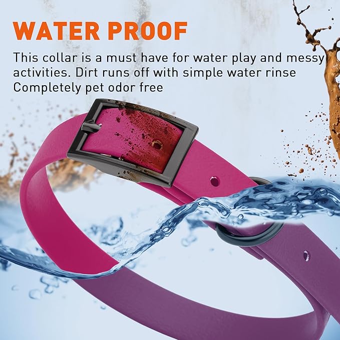 Dogline Biothane Waterproof Dog Collar Strong Coated Nylon Webbing with Black Hardware Odor- Proof for Easy Care Easy to Clean High Performance Fits Small Medium or Large Dogs, Magenta Pink-PawvioPets