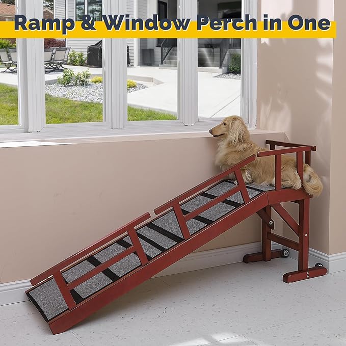Dog Ramp for Bed or Couch, Wooden Pet Ramp with 20° Gentle Slope, Removable Side Rails, Non-Slip Surface, Top Platform & Wheels, Safe Bed Ramp for Small, Medium & Senior Dogs, 60" Long, Mahogany-PawvioPets