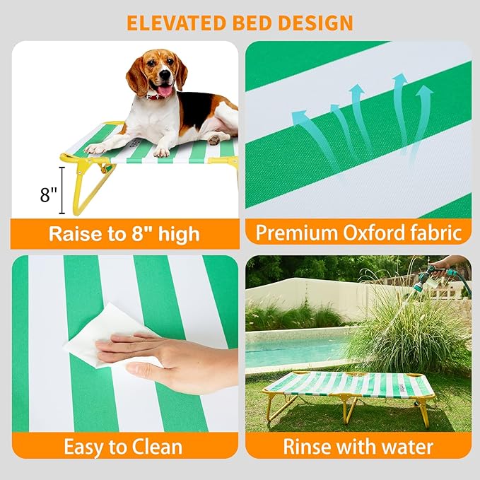 Dog Elevated Bed Foldable Portable Raised Bed Camping cot Outdoor Summer Dog Bed (Medium, GreenStripes-Oxford Fabric)-PawvioPets