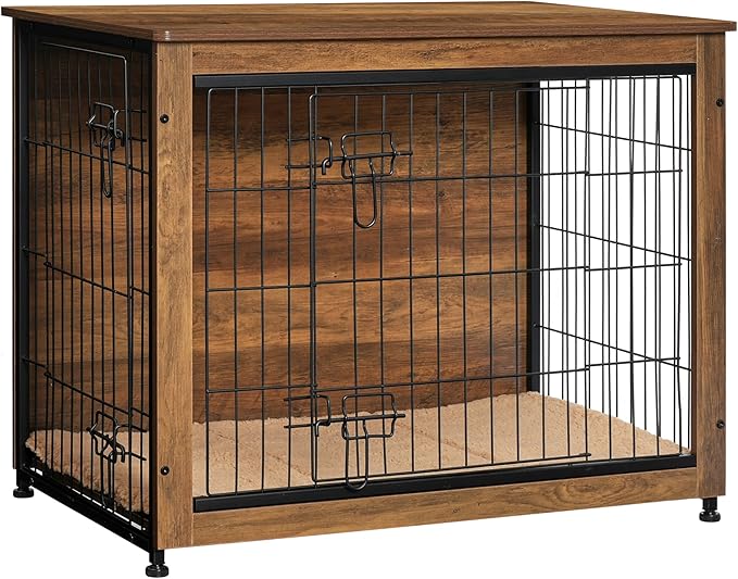 DWANTON Dog Crate Furniture with Cushion, Wooden Kennel Table with Double Doors, Indoor Dog House, Medium Size, 32.5" L, Warm Brown-PawvioPets