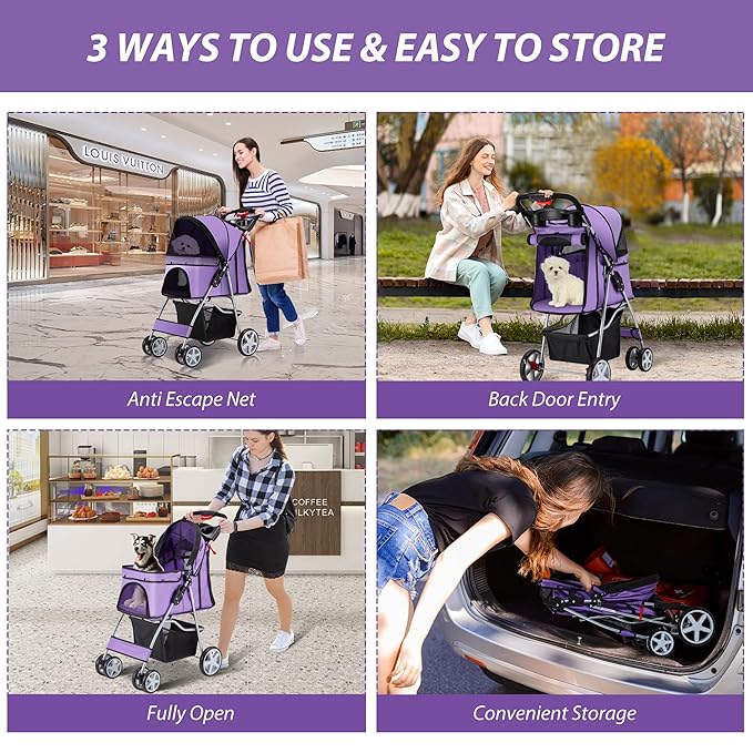 4 Wheels Pet Stroller for Small Medium Dogs Cats 10-33 lbs, Foldable Dog and Cat Stroller with Cup Holder & Storage Basket & Breathable Mesh, Pet Strolling Cart for All-Season, Purple-PawvioPets