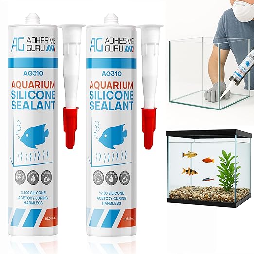 Aquarium Silicone Sealant Clear (2x10.5 floz) 100% Silicone, Waterproof Aquarium Safe, Non-Toxic Fish Tank Glue, Solvent Free, Rapid Curing, Strong Adhesion, Transparent, 2 Pack-PawvioPets