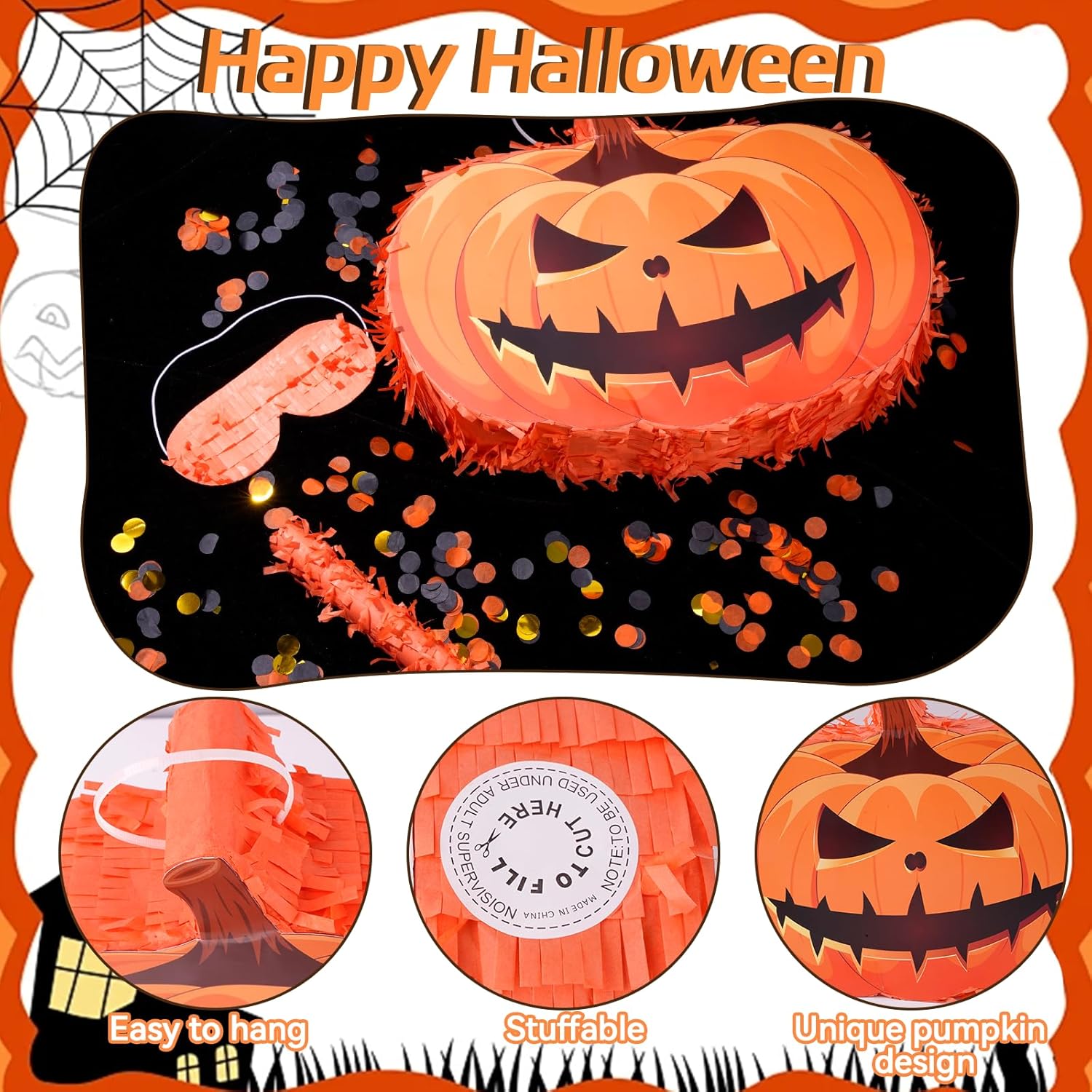 Halloween Pumpkin Pinata, 17"x13"x3.7" Halloween Party Decorations Fun Piñata, Pumpkin Pinata with Stick for Photo Prop, October Birthday, Funny and Spooky