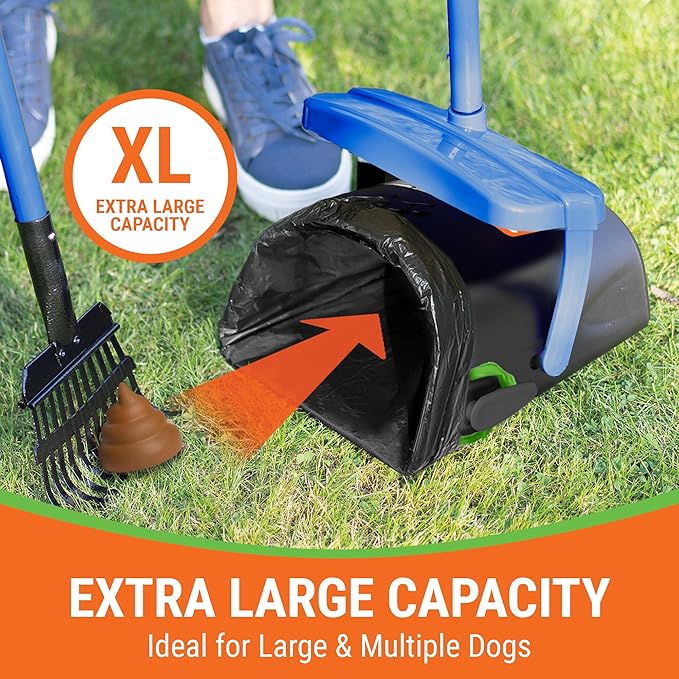 Dog Pooper Scooper with Bag Attachment, 40" Long Handle Pooper Scooper for Large Dogs, Dog Poop Scoop for Yard, Large Capacity Swivel Bin and Rake, Lavender Scented Bags (Blue)-PawvioPets