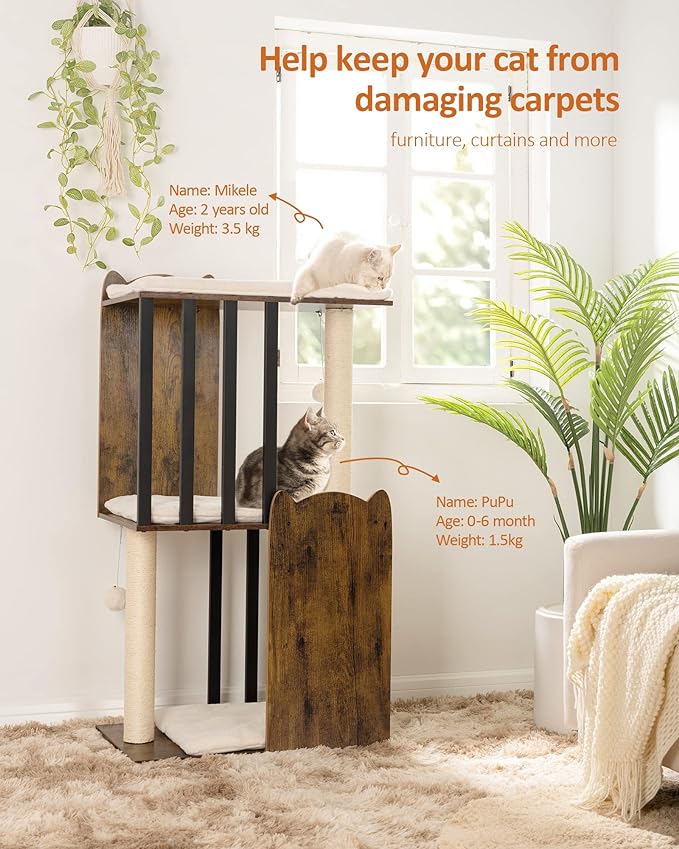 FourFurPets 43.8in 3-Tier Modern Cat Tree Tower Condo, Cat Scratch Posts for Indoor Cats, Big Plate, Two 19.7in Full Sisal Scratching Posts, Rustic Brown-PawvioPets