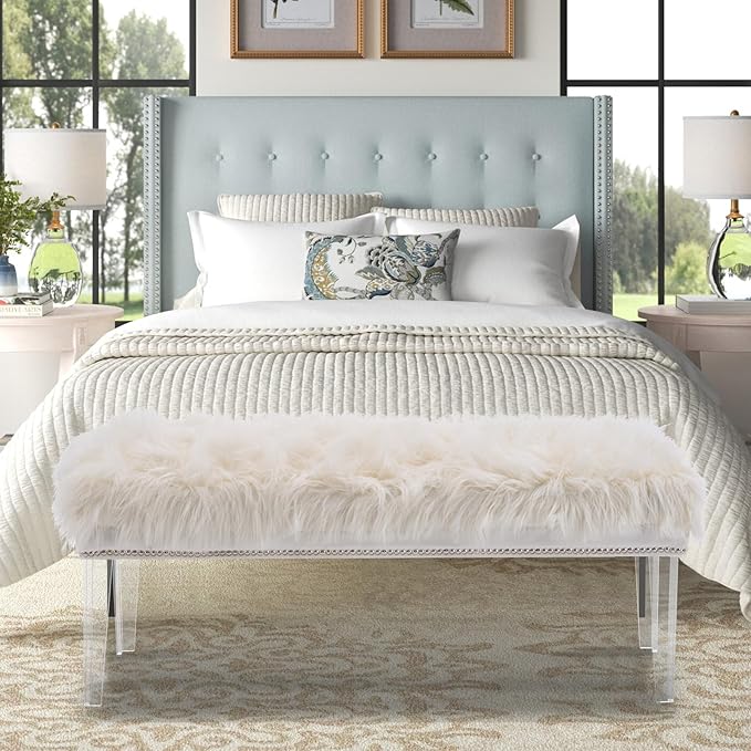 46 Inch White Bedroom Bench, Benches for Bedroom White Faux Fur Upholstered Bed end Bench, Tufting Ottoman Bench Indoor Bench with Acrylic Legs for Living Room Bedroom Entryway-PawvioPets
