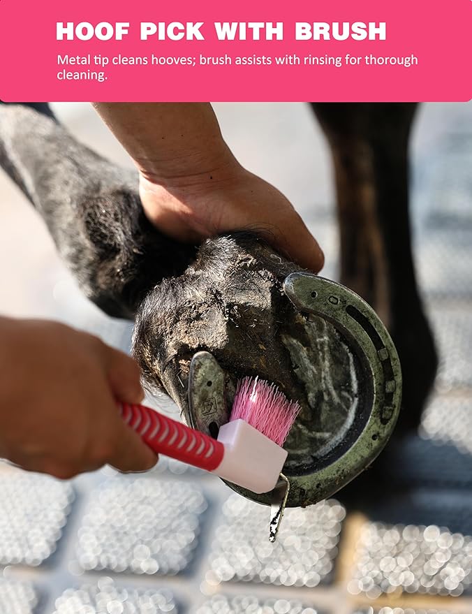 11PCS Horse Grooming Kit Curry Comb Sweat Scraper Horse Bathing Supplies Grooming Tools with Storage Bag Pink Garnet-PawvioPets