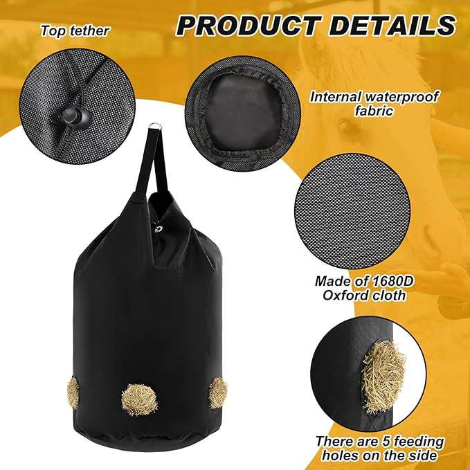 2 Pcs hay Bags for Horses Goats Slow Feed 1680D Oxford Bag Black Large Capacity Net Open Feed Hole Hay Holder for Horse Goats Sheep(5 Holes)-PawvioPets