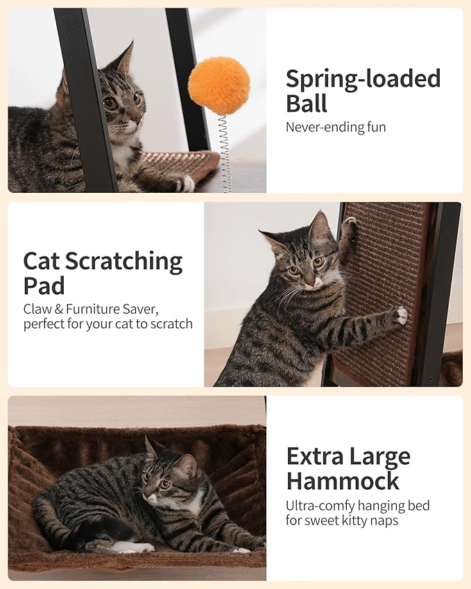 FourFurPets Modern Cat Tree, 58-Inch Cat Tower for Large Cats, Maine Coon Cat Tree with Scratching Board, Large Perch, Hammock and Removable Pads, Rustic Brown-PawvioPets