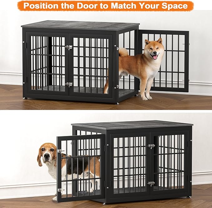 38 Inch Heavy Duty Dog Crate Furniture for Large and Medium Dogs, Decorative Pet House End Table, Wooden Cage Kennel Furniture Indoor, Gray-PawvioPets