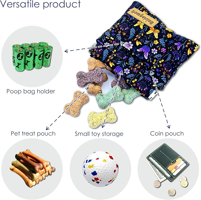 Dog Treat Pouch, Pocket Sized Pet Training Pouch, Cotton Fabric, Hand Free Purple Flower Dog Walking Bag with Carabiner, Self-Closing Pet Feed Snack Reward, for Puppy Travel or Outdoor Use-PawvioPets