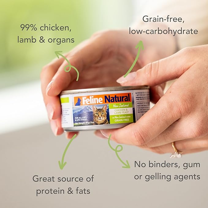 Feline Natural New Zealand Canned Catfood Wet Food, High-Meat, Low-Carb, & Grain Free Cat Food Wet, Chicken & Lamb Feast, 3 oz, Pack of 24-PawvioPets