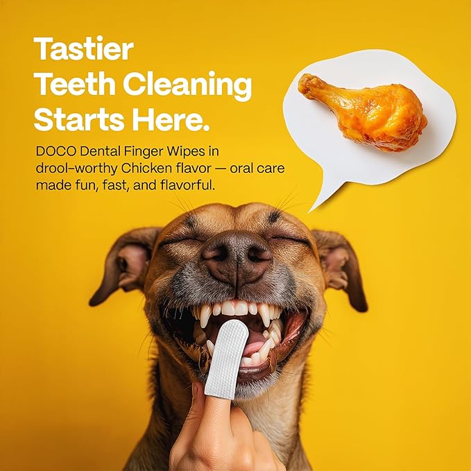 DOCO Dog Teeth Cleaning Wipes Dental Finger Wipes for Cats & Dogs Remove Plaque & Tartar, Freshen Breath, No Rinse, Easy & Effective Pet Tooth Cleaning Kit for Oral Care, Chicken Flavor, 100 Count-PawvioPets