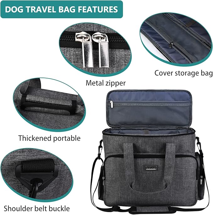 BAGLHER Dog Travel Bag, Airline Approved Pet Tote Organizer with Multi-Function Pockets, 2 X Food Storage Containers and 2 X Collapsible Dog Bowls, Perfect Weekend Pet Travel Set for Dog, Cat Grey-PawvioPets