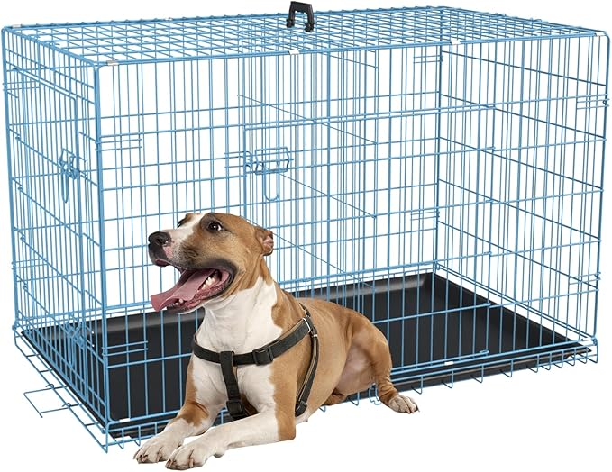 FDW Dog Crate for Medium Dogs 36 Inch Folding Metal WirePet Cage Double Door W/Divider Panel Indoor Outdoor Kennel Leak-Proof Plastic Tray,Blue-PawvioPets